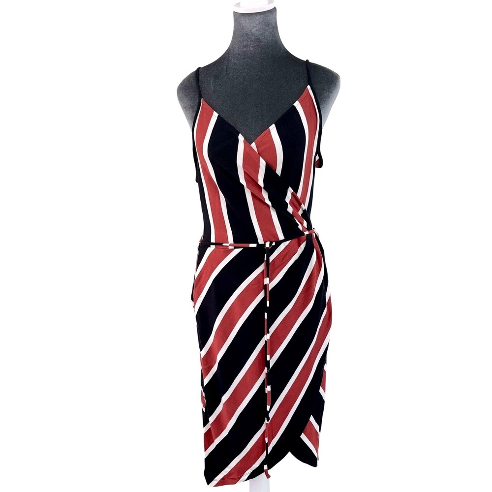 Coastal Preppy Nautical Faux Wrap Jersey Stripe Midi Dress Navy Orange White LP